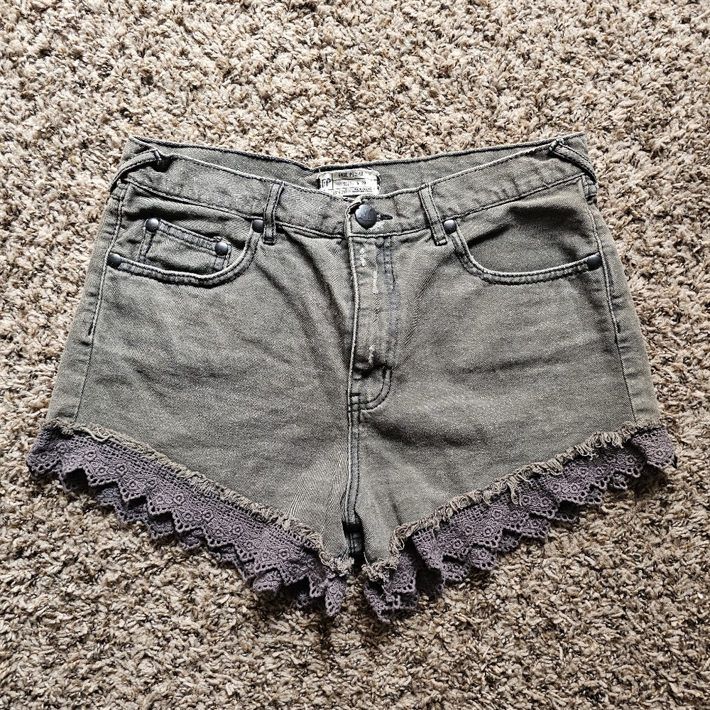 Free People Gray Jean Shorts with Lace Trim - Picture 2 of 11
